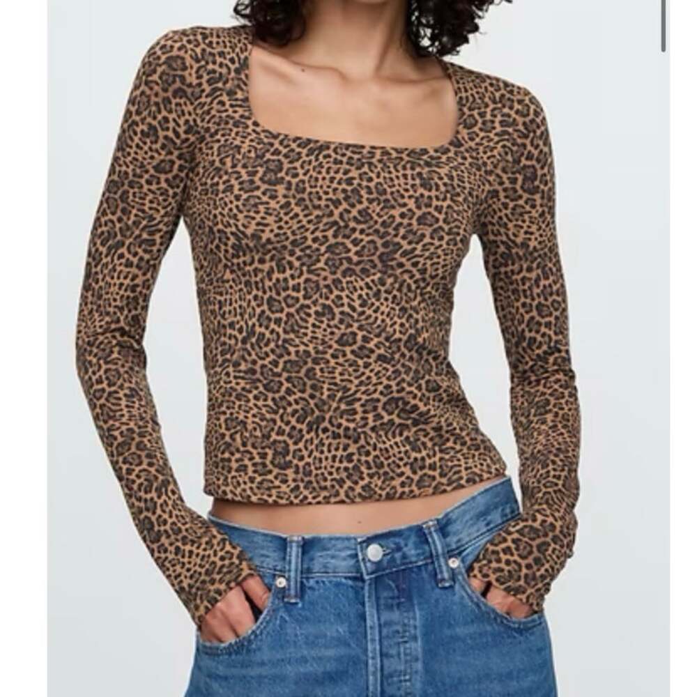 Gap Leopard Patterned Jersey Square-Neck Long Sleeve Top Size S